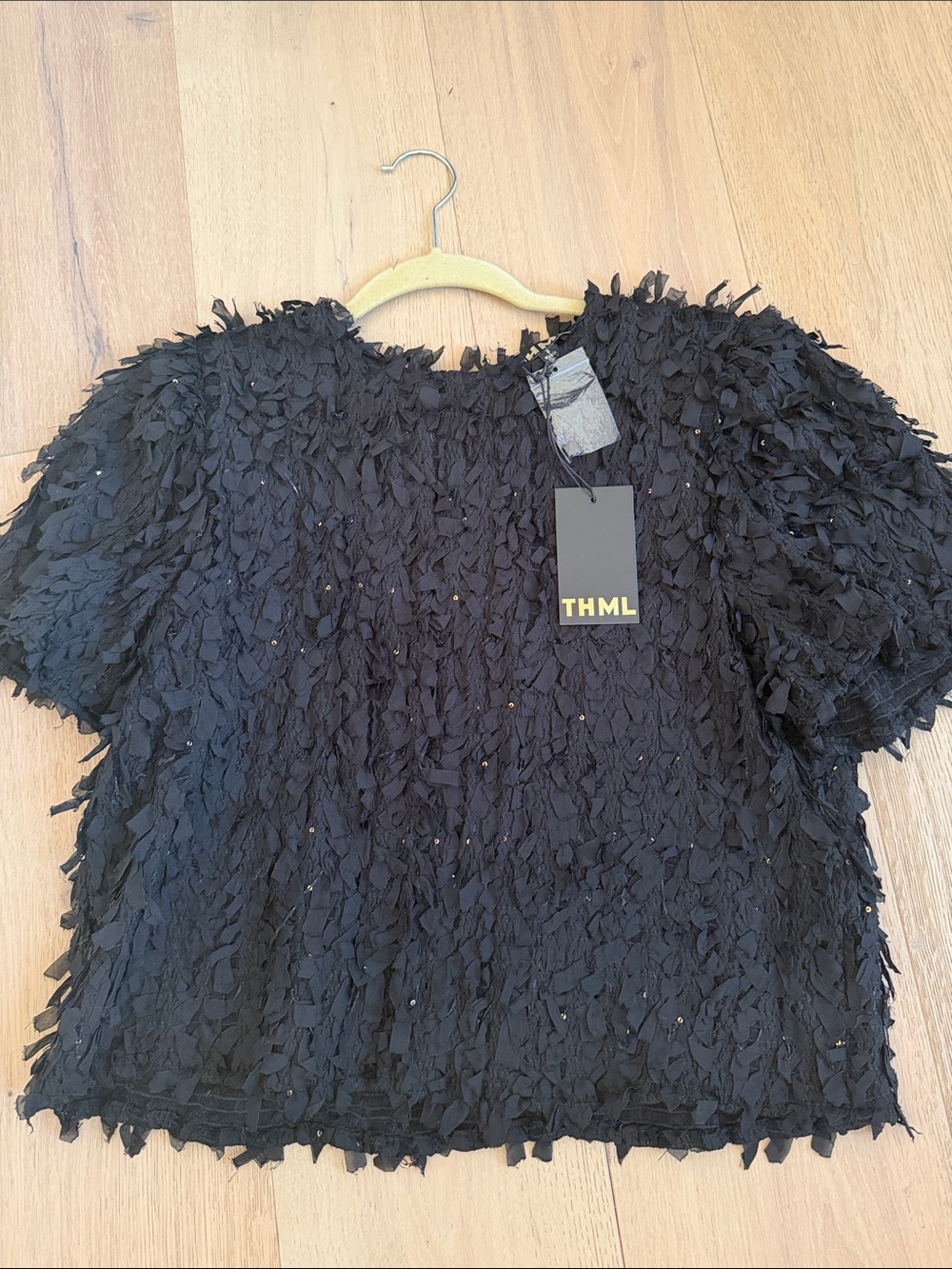 THML Black Textured Fringe Short Sleeve Top